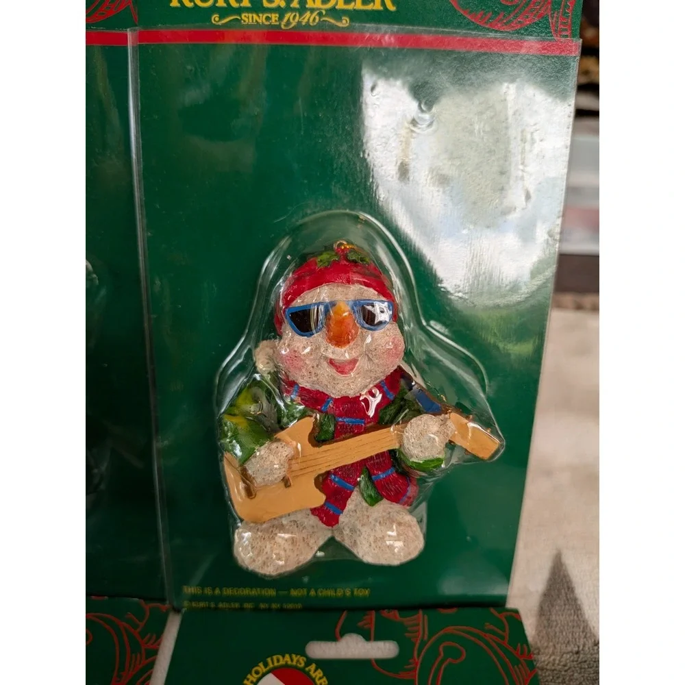 Set of 4 New Old Stock Kurt Adler Guitar Christmas Ornaments Santa, Snowman